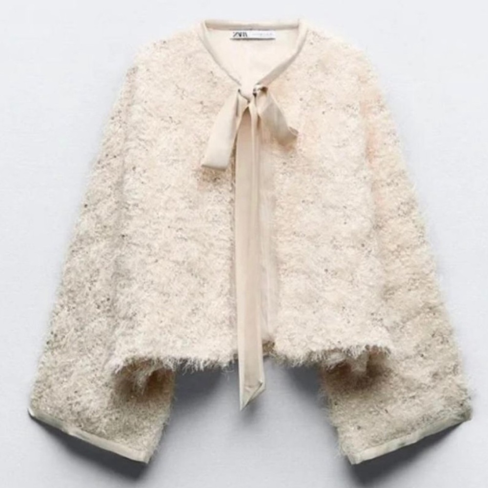 Zara Fringe Fur Cream Cardigan Jacket NWT size M/L